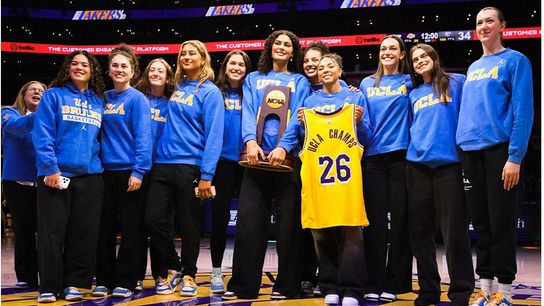  Lakers celebrate UCLA's first NCAA women's basketball national championship taken at Crypto.com Arena (Los Angeles Lakers)